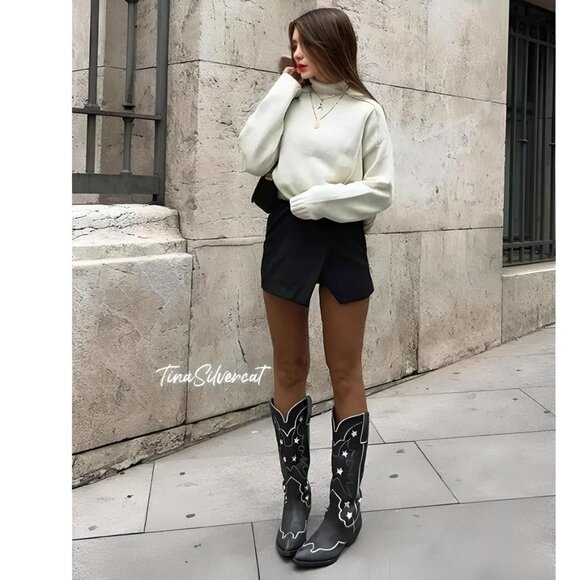 BLOGGER'S FAVE! Zara Star Leather Cowboy Boots NWT - Picture 12 of 17